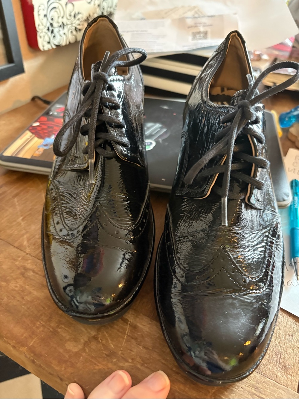 Fly London Black Patent Leather Lace-Up Wedge Palt Oxford Shoes 39 or 8/8.5